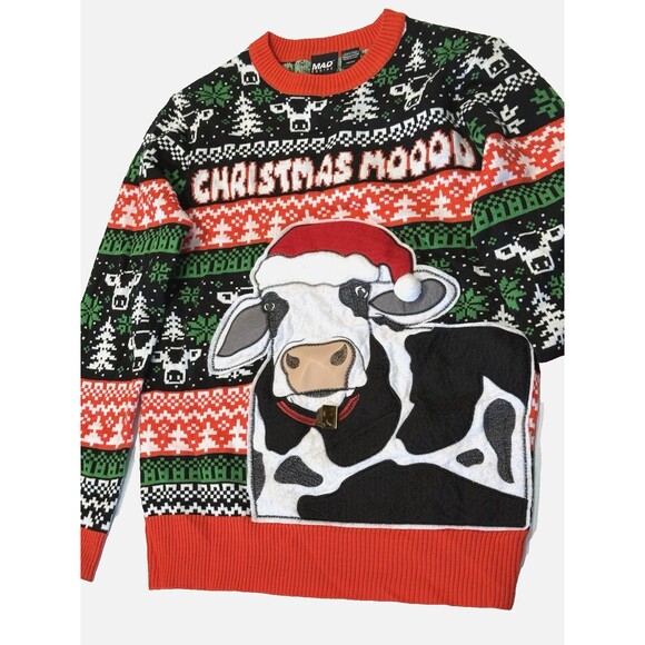 Mad Engine Christmas Mooo Cow Jingle Bell Ugly Christmas Sweater Men’s Small Red - Picture 2 of 6